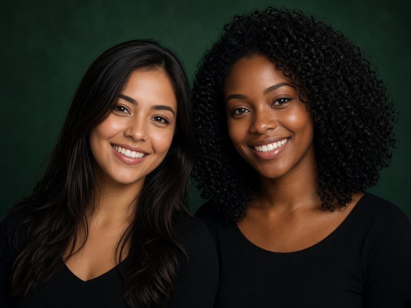 Two millennial women with healthy radiant skin in a forest green studio portrait